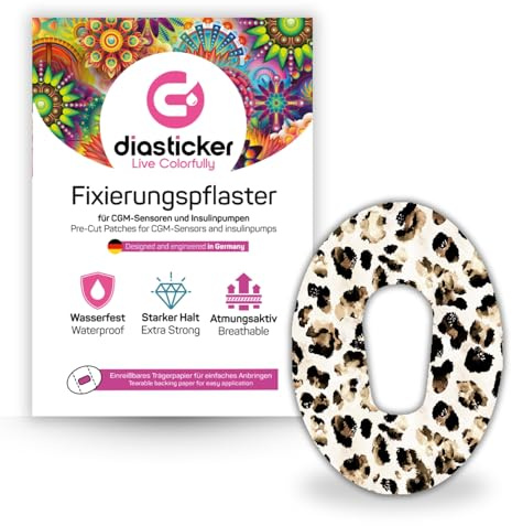 Diasticker | plåster för Dexcom G6-sensor (5 stycken, Cheetah) | vattentät – hudvänlig – andningsaktiv – starkt grepp | självhäftande fixeringsplåster, sensorfixering