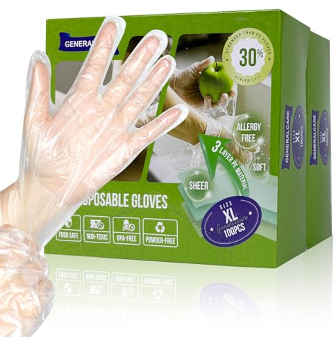 GENERALCARE Einweghandschuhe Transparente 200 Stück Extra Stark Reißfest TPE Einmalhandschuhe Puderfrei Latexfrei Lebensmittelecht Plastikhandschuhe für Küche, Reinigung, Pflege und Gewerbe