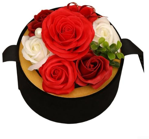 Bouquet de fleurs de savon dans une boîte circulaire, motif rose fait à la main avec des ingrédients végétaux respectueux de la peau offrant à la fois une décoration et un nettoyage doux (rouge)