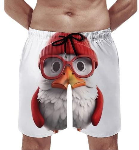 Short de bain pour homme avec motif oiseau de dessin animé avec lunettes, séchage rapide, short de bain doublé en maille avec poches, blanc, M taille courte