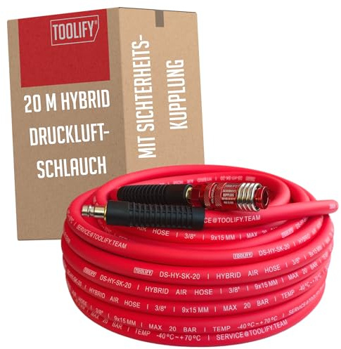 TOOLIFY Hybrid-Druckluftschlauch 20 m mit Sicherheitskupplung & Knickschutz | Flexibler Kompressorschlauch aus Gummi/PVC, 9×15 mm, max. 20 bar, gewebeverstärkt, kälteflexibel, ölbeständig, geruchsneutral