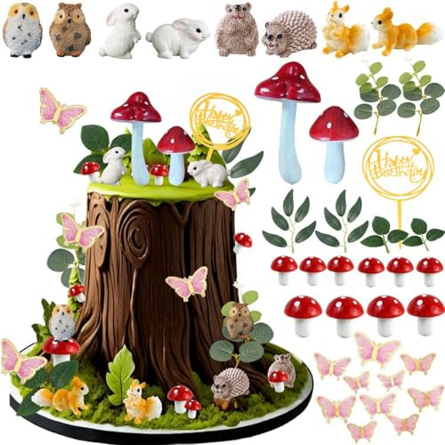 Tazuxetuqe 37 Pieces Mushroom Forest Animal Cake Toppers Mushroom Hedgehog Rabbit Owl Squirrel Decorations For Baby Shower Birthday Woodland Theme