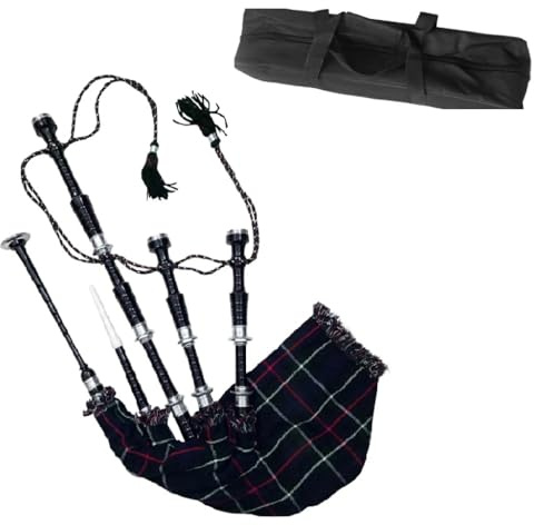 Great Highland - Gaita escocesa de tamaño completo con funda de tartán y funda de transporte (negro y plateado Mackenzie)