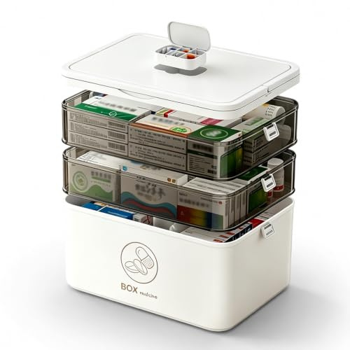 Nimblyne 30 × 16,5 × 24 cm, contenitore per medicinali grandi: in plastica PP, contenitore per farmacia domestica, a tre strati, organizer multifunzionale per la casa e l'ufficio (bianco)