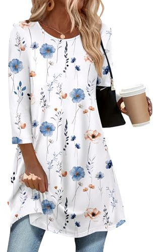 Zeagoo Damtoppar med 3/4 ärm vardagliga tunikablusar eleganta skjortor med rund hals damer blommig topp enkel lång blus S-3XL, A-vit blommig, XXL