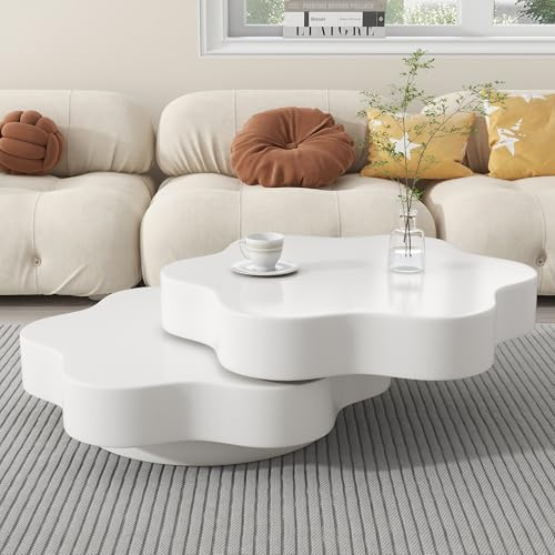 BENMWS Mesa de centro con forma de flor, giratoria 360°, 74,8 x 67,5 x 31 cm, color crema, 2 estantes, MDF, capacidad de carga 30 kg