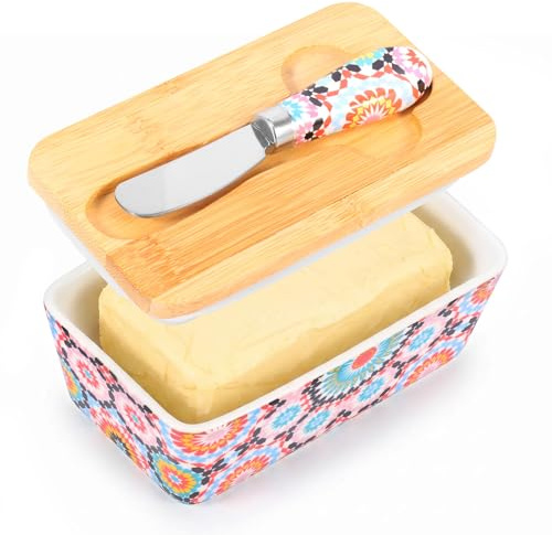 Ceramic Butter Dish with Bamboo Lid & Knife , 350ML Large Capacity Butter Dish for Countertop, Delicate Floral Pattern Butters Keeper Fits Most Butters Sizes(Style B)