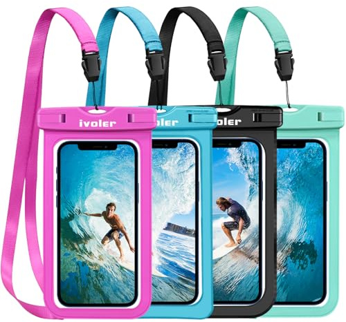 ivoler [IPX8 Certificado [4 Unidades] Funda Bolsa Móvil Impermeable Universal para Xiaomi, iPhone, Samsung Galaxy, Huawei, Smartphones, Monedas, Pasaporte, etc. (Negro/Azul/Verde/Rosa)