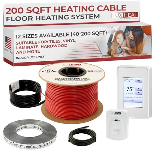 LuxHeat 200sqft Floor Heating Cable Kit - 240v Infloor Heat Kit for Tile - Heated Flooring System Includes UDG4 Programmable Thermostat w/GFCI, Heating Cable, Strapping, Floor Sensor & Alarm