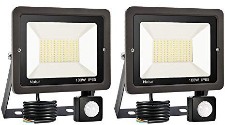 2pack 100W Projecteur LED détecteur de mouvement, Blanc Froid 6000K Spot led exterieur avec detecteur IP65 lampe de sécurité pour éclairage public, garage, couloir, jardin[Classe énergétique A++]