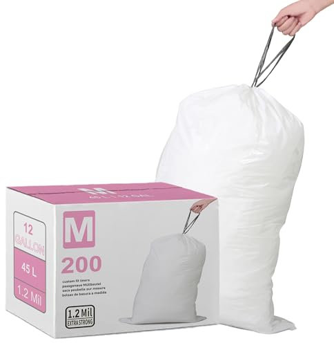Code M (200 Count) 8-12 Gallon Heavy Duty 1.2 Mil THICK Plastic Trash Bags with Reinforced Drawstring Compatible with simplehuman Code M White Garbage Liners 45 Liter Leak-Proof & Tear Resistant