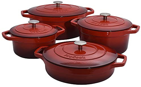 ProCook Enamel Dutch Oven Set with Lids - 4 Piece, 20x24x28x30 cm, 2.7/4.7/3.9/6.2 L, Round Cast Iron Casserole Dishes - Red, Induction Compatible Cookware