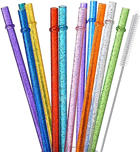 ALINK 12er-Pack Glitzer-wiederverwendbare durchsichtige Kunststoff-Strohhalme, 27,9 cm lange harte Tumbler-Trinkhalme mit Reinigungsbürste (12 Farben)