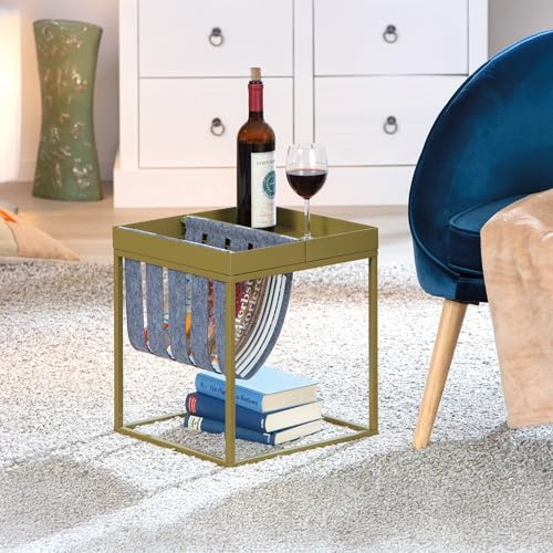 Dmora Couchtisch aus rosa lackiertem Metall, mit Zeitungsständer aus gekochter Wolle, 35x35x40 cm
