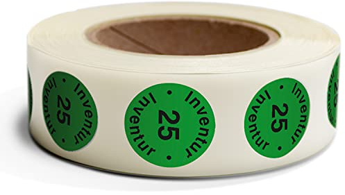 Betriebsausstattung24 Inventuretiketten Inventur 25 auf Rolle 500 Stk. - Durchmesser: 3,0 cm - Farbe: Grün - Form: Rund - Material: Haftpapier - Befestigungsart: Zum Verkleben - Inventuraufkleber