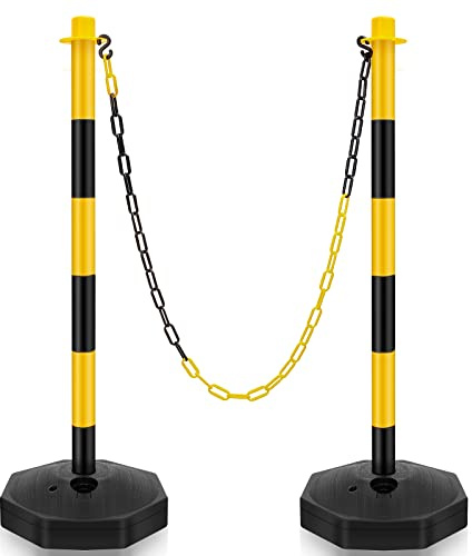 Konohan 2 Sets 34 Inch Parking Cone Delineators Post Traffic Cone Plastic Stanchion Set Stands Parking Barrier with Base 6.6 ft Chain S Hooks Reflective Collar (Yellow,Black)