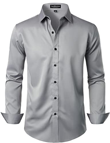 LucMatton Herren Kleid Hemd Formal Stretch Faltenfrei Langarm Slim Fit Button Down Shirts für Hochzeit Party, Grau, Klein