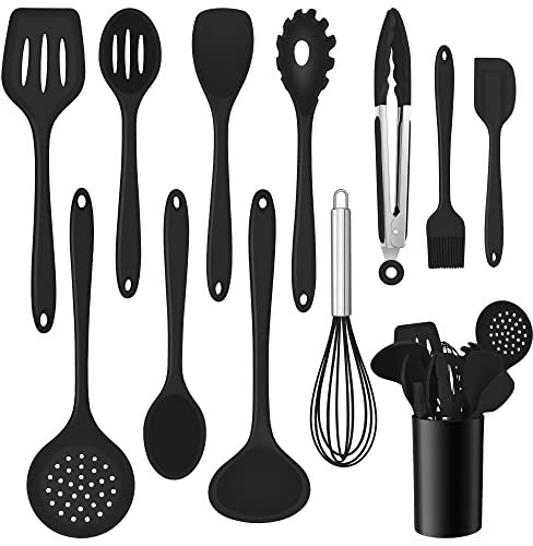 Onader Kitchen Utensil Set, 12 Piece Silicone Cooking Utensils with Holder, Heat Resistant Kitchen Tools Turner Spatula Spoon for Non-Stick Cookware, Easy Clean & Dishwasher Safe, Black