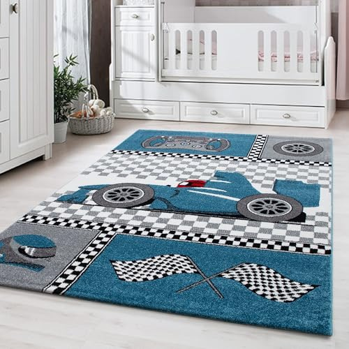 Carpetsale24 Kinderteppich Autorennen Motiv Blau 140x200 cm – Großer Teppich fürs Kinderzimmer – Weich & Ideal für kleine Autofans