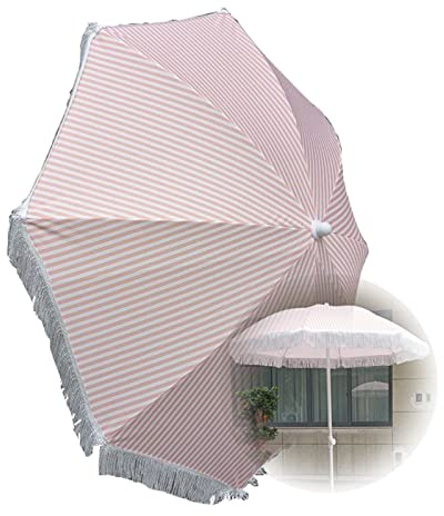 Parasol De Jardin Rose Et Blanc, Parasol De Patio Vintage Avec Pompon, 140cm Parapluie De Plage Portable Et Détachable, Parapluie De Décoration De Mariage Pour Fête En Plein Air ( Color : With tassel