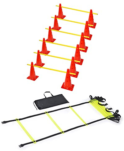 RHINOS sports Agility - Set da allenamento | scala di coordinazione 4 m con custodia + set di 6 viti | 12 coni rossi: 38 cm | 6 barre gialle: 1 m