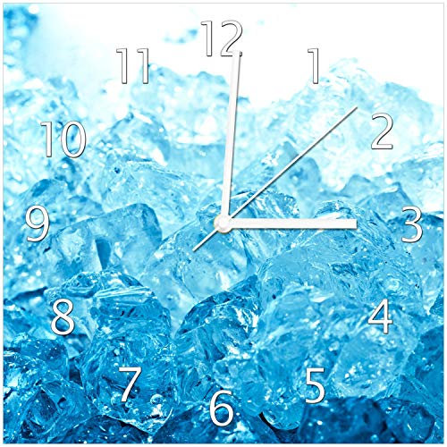Wallario Design-Wanduhr Leuchtendes EIS in blau aus Glas, Motiv-Uhr Größe 30 x 30 cm, weiße Zeiger