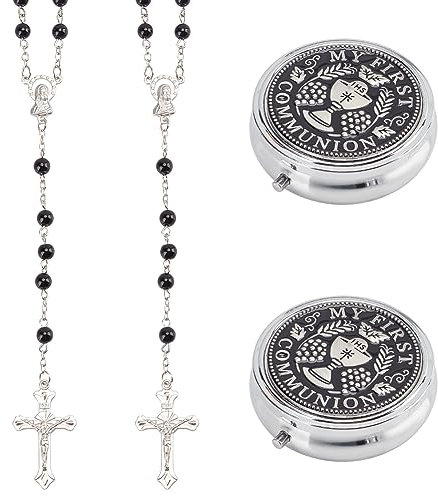 WEBEEDY 2 Sets Rosenkranz-Perlen-Halskette Mit Rosenkranz-Box, Schwarze Kristallperlen Rosenkranz-Kreuz-Halskette Für Damen Und Herren