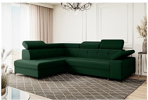 MEBLINI Schlafcouch mit Bettkasten - Ecksofa mit Schlaffunktion - Sofa mit Relaxfunktion und Kopfstützen - Couch L-Form - Eckcouch - Wohnlandschaft - Bergamo - 274x203x83cm Links - Grün Samt