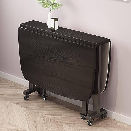Hopfällbart Matbord, Utdragbart Matbord I Trä, Utdragbart Fjärilsbord Med Universalhjul, Platsbesparande Trä Drop Leaf Köksbord Gateleg Bord Rundkant Design,Black-100x60x75CM