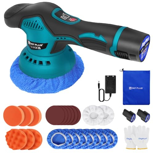 Akku Poliermaschine für Auto, 12V Auto Schleifmaschine, Profiset Akku Polierer Set mit 2x Batterie, 6x Polierschwamm, 6x Polierteller, 2x Wollscheibe, 6x Schleifpapie und Ladegerät