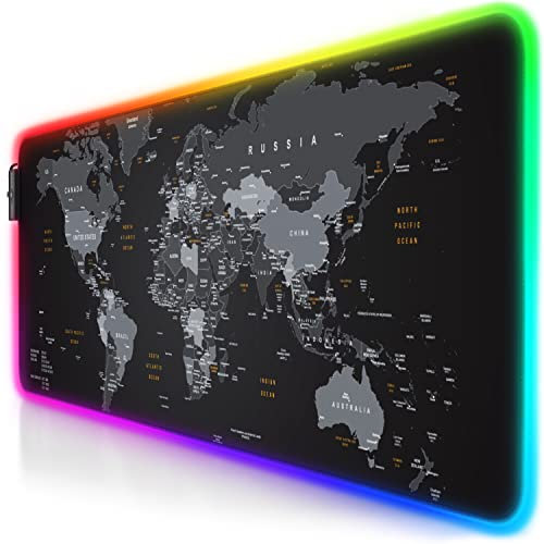 Titanwolf - RGB Gaming Mauspad - XXL LED Schreibtischunterlage - 800x300 mm - Multi Color LED - 11 Beleuchtungs-Modi - Abwaschbar - Weltkarte