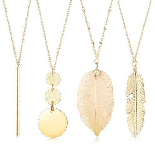 Diamday 4 Stück Lange Kette Damen Kette Gold Silber Lange Anhänger Halsketten Set für Damen Mädchen Statement Kette Bar Feather Circle Leaf Anhänger Y Halskette Lange Pullover Halsketten Modeschmuck