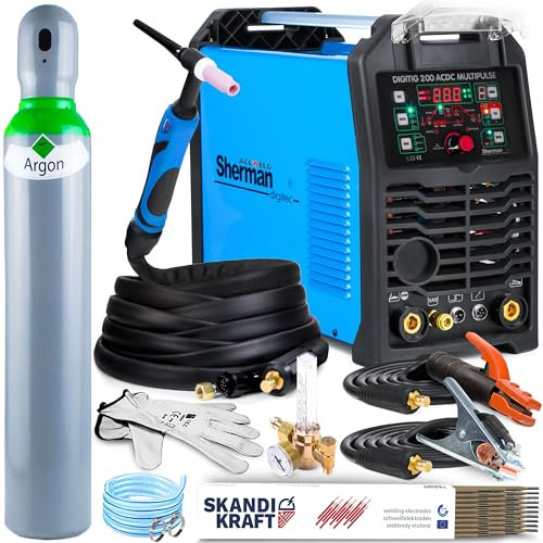 ALLWELD Sherman DIGITIG 200 AC/DC Multi-Puls - 200A WIG Schweißgerät AC DC - HF-Zündung, Auswahl der AC-Wellenform - mit Punktschweißen & Kaltschweißen - Preflow & Postflow - MMA - Set:Professional