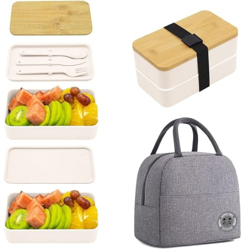 Fiambrera Escalonada - Caja Bento Japonesa - Con Tapa De Bambú - Fiambrera Bento Para Adultos, Apta Para Microondas Y Lavavajillas, Incluye Cubiertos (Grey)