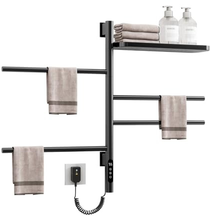 Swivel Heated Towel Rack, Wall Mounted Electric Towel Warmer Rack for Bathroom, 4 Round Bars Swivelable Towel Dryer with Tray, Towel Heater with Built-in Timer, for bathroom, Salons & Spas (G64 Black)