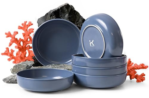 Konsimo Lot de 6 assiettes creuses élégantes en céramique - Assiettes à pâtes et assiettes creuses pour 6 personnes - Assiettes à salade VICTO passent au micro-ondes - 18,5 cm - Bleu