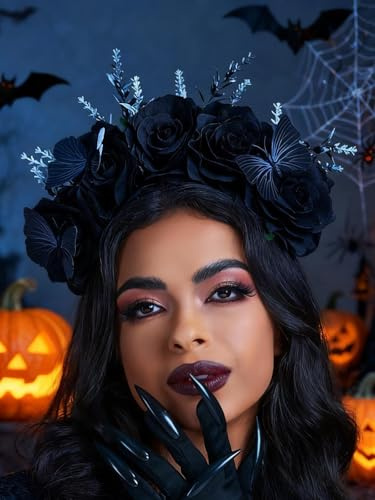 IYOU Tag der Toten Stirnband Schwarze Rose Blume Haarbänder Schmetterling Kostüm Kopfschmuck Rave Karneval Festival Halloween Haarschmuck Haarreif für Damen