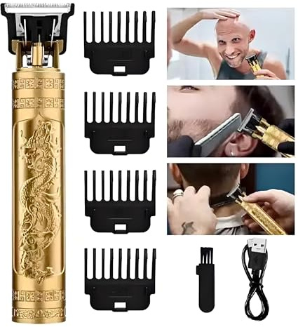 Rasoir pour homme, tondeuse à cheveux pour homme, avec guide à 4 peignes, rasoir électrique rechargeable par USB sans fil, rasoir (dragon, doré)