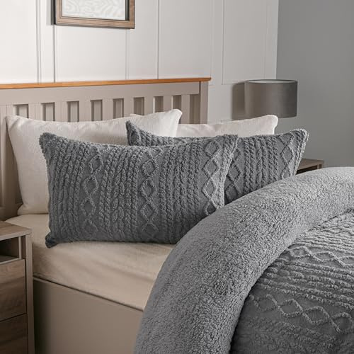 OHS Cable Knit Duvet Cover, Teddy Fleece Quilt Cover Single Warm Winter Bedding Christmas Duvet Set Sherpa Reverse with Pillowcases Super Soft Cosy Quilt Covers - Grey