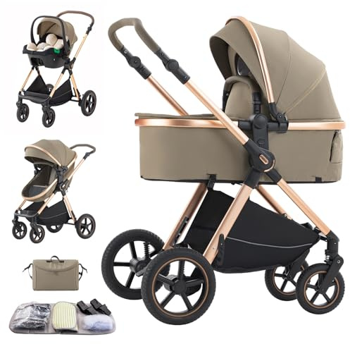 Shineey Kinderwagen 3 in 1,Puppenwagen Buggy Faltbarer Kinderwagen Set, Kombikinderwagen 3 in 1 mit Großer Bequemer Babywanne, Laufwagen Rahmen Aluminiumlegierun (D2 LIGHT BROWN, H2-D)