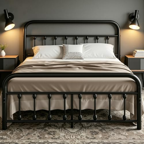 VECELO Metall Bettgestell 140x200 cm mit Hohem Kopfteil & Stauraum, Doppelbett mit Lattenrost, Ideal für Gästezimmer & Schlafzimmer, Schwarz