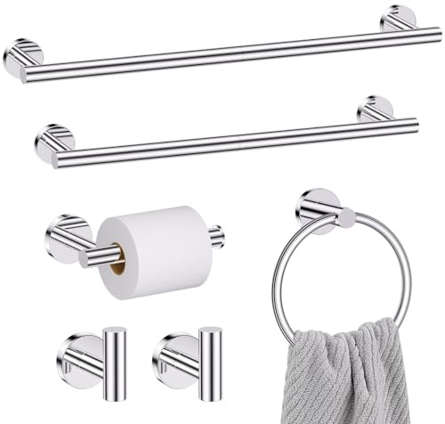 Juego de Accesorios de baño cromados, Juego de 6 toalleros, Incluye Barra de Toalla de 19.68/23.6 Pulgadas, Soporte para Papel higiénico, Anillo de Toalla y Gancho de Toalla, Juego de Accesorios de