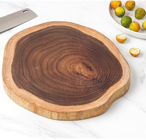 Planche à découper ronde double face en bois d'acacia pour cuisine, grande planche à charcuterie avec rainure pour jus, planche à pizza pour viande, pain, légumes (1 pièce)