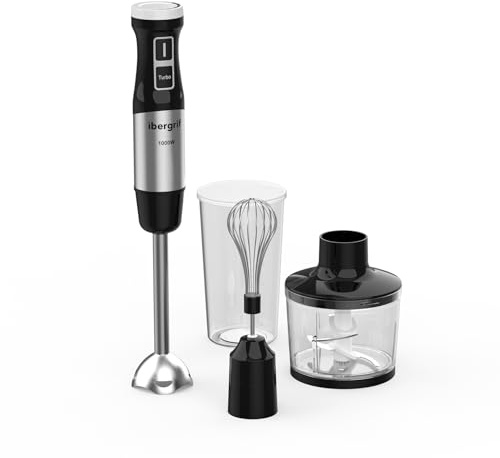 Ibergrif Frullatore a Immersione 1000W 4-in-1 in Acciaio Inox con Regolazione Continua della Velocità e Pulsante Turbo, Minipimer Immersione Set con Tritatutto 500ml, Bicchiere Dosatore 600ml, Frusta