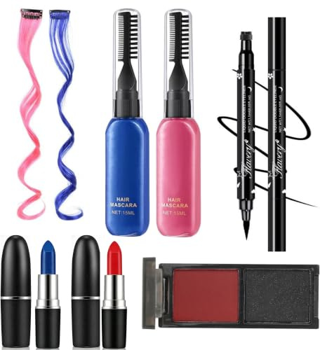 Halloween Karneval Schminke Set, mit Temporäre Tattoos, Perückenstücke, Lidschatten, Haarfärbemittel, Eyeliner, Lippenstift,Rosa und blaues Thema für Motto Filmheldin Cosplay