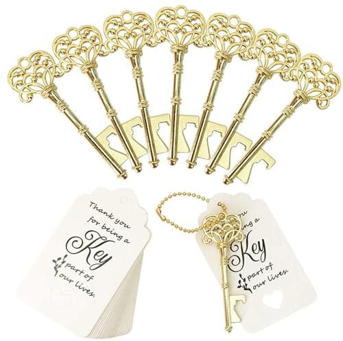 50Pcs Vintage Key Bottle Openers with Tag Card Rustic Wedding Birthday Party Favours Decoration (Gold)