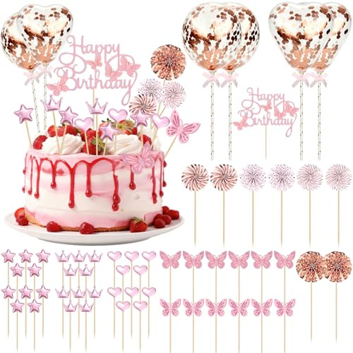 55 Stück Tortendeko Geburtstag, Happy Birthday Kuchen Deko mit Konfetti-Luftballons Schmetterlings Sternen Liebe Kronen Papierfächer, Glitter Cake Cupcake Topper für Mädchen Frauen, Rose Gold
