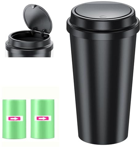 Einesin Car Trash Can Bin with Lid,Mini Vehicle Leakproof Garbage Can, for Car Cup Holder and Side Door, with 2 rolls Attached Trash Bags