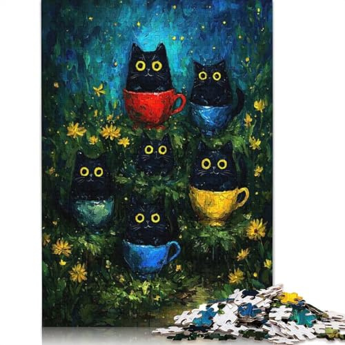 Puzzles en Bois pour Adultes, 500 pièces, Peinture de Chats Noirs dans des Tasses à thé, Jouets de Divertissement Familial, 52 x 38 cm