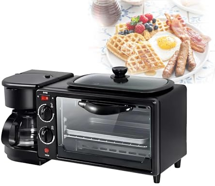 Multifunction 4-in-1 Breakfast Station with Non-stick Griddle, Coffee Maker, 7L Stainless Steel Oven and Independent Controls, Ideal for Rvs, Offices and Kitchens